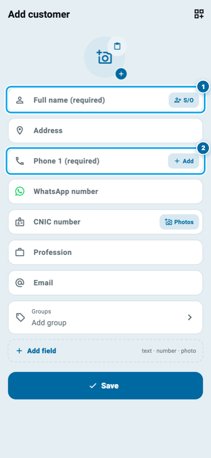 The Add customer page in Wasoolo with the name and phone fields marked