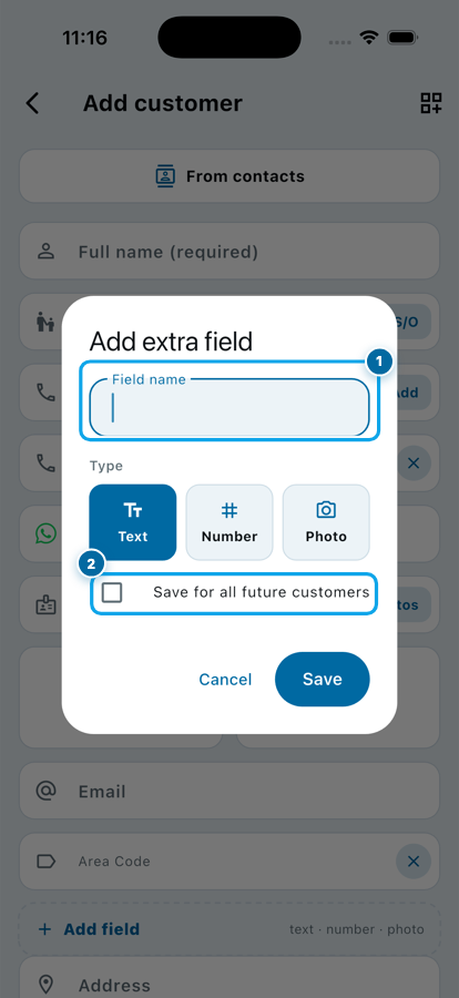 The Add extra field box with a name field, a type row and the save-for-future checkbox