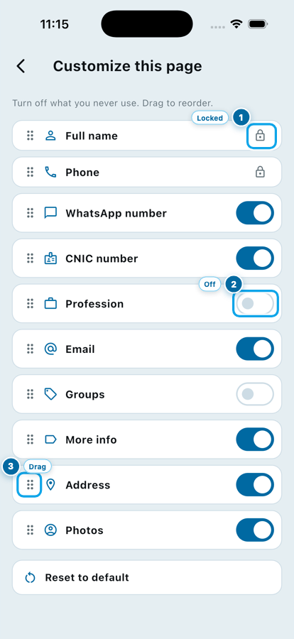 The Customize this page screen showing locks, switches and drag handles