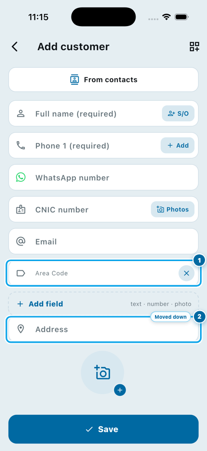 A customized Wasoolo customer page with the shop's own field and the address moved down