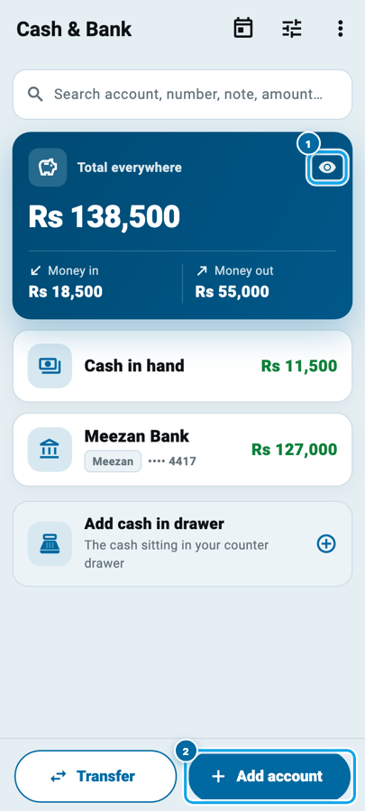 The Cash & Bank front page in Wasoolo with the total card and the account list