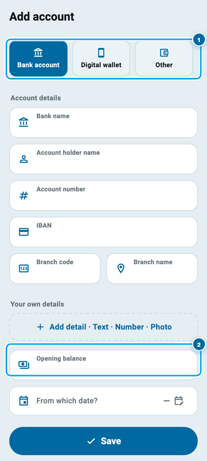 The Add account page in Wasoolo with the three account kinds and the opening balance