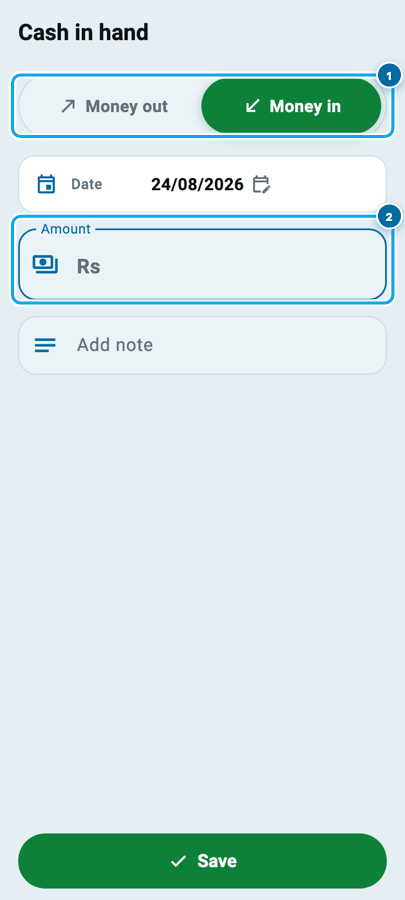 The money in page for an account in Wasoolo with the direction pill and the amount box