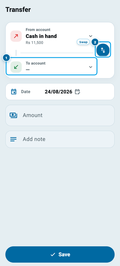 The transfer page in Wasoolo moving money from cash into a bank account