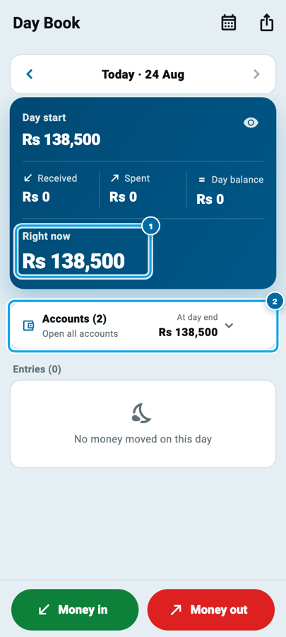The Day Book in Wasoolo showing day start, received, spent and the right now figure