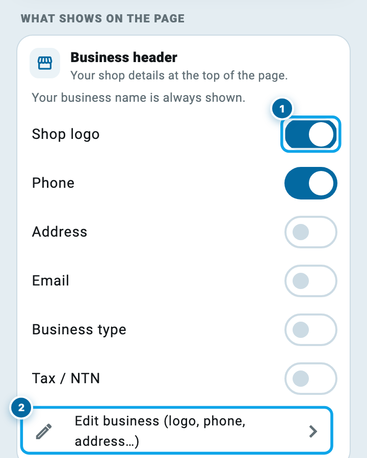 The customize screen for the account statement in Wasoolo with its print switches