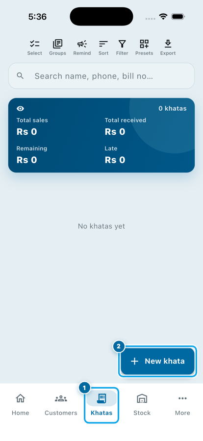 The Khatas tab in Wasoolo with the New khata button at the bottom right
