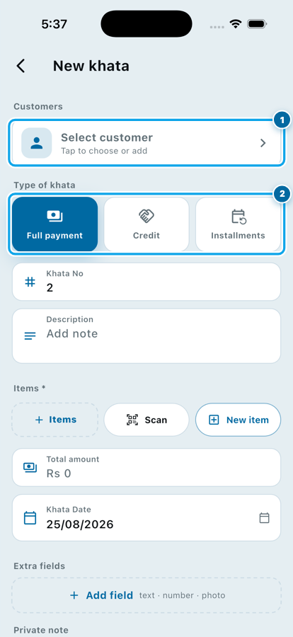 The New khata form in Wasoolo showing the customer row and the three khata types