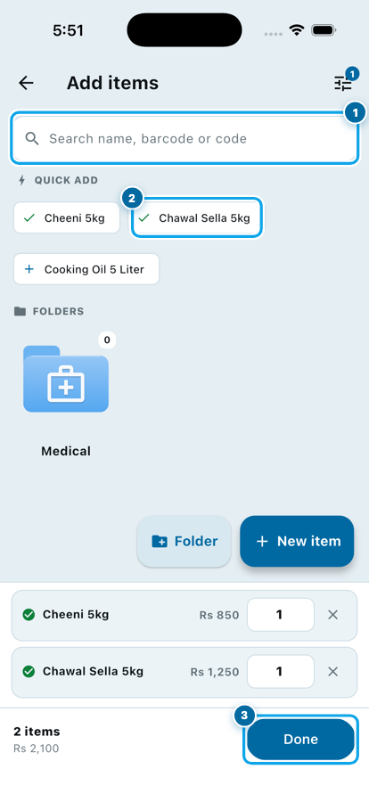 The Add items screen in Wasoolo with quick add chips and two items chosen