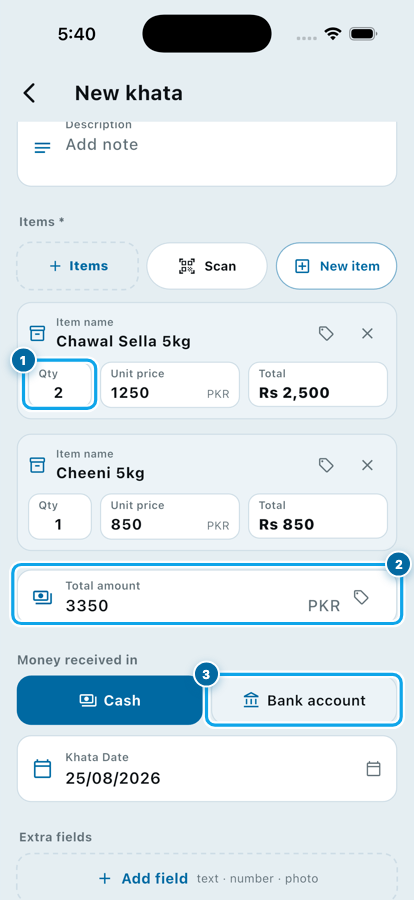 A Full payment khata in Wasoolo with two items, the total and the account row