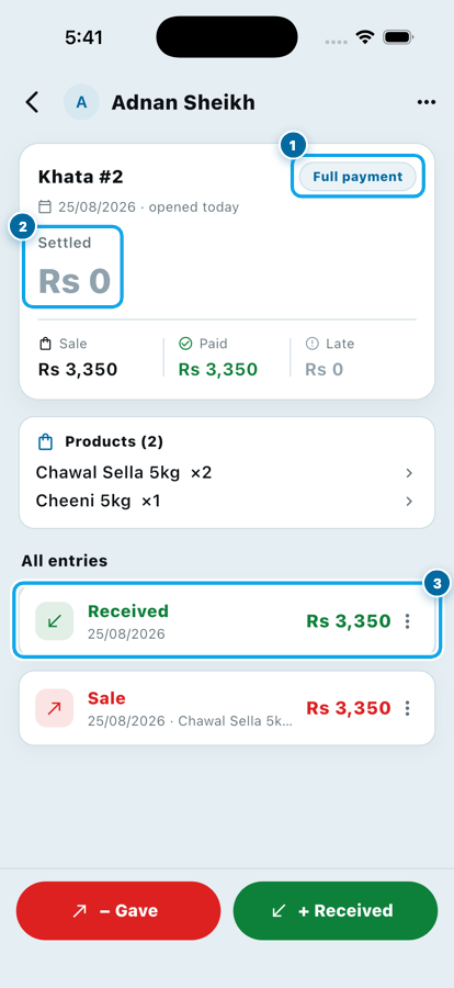 A saved Full payment khata in Wasoolo showing a settled balance of Rs 0