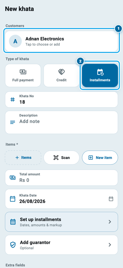 The New khata form in Wasoolo with the Installments card selected