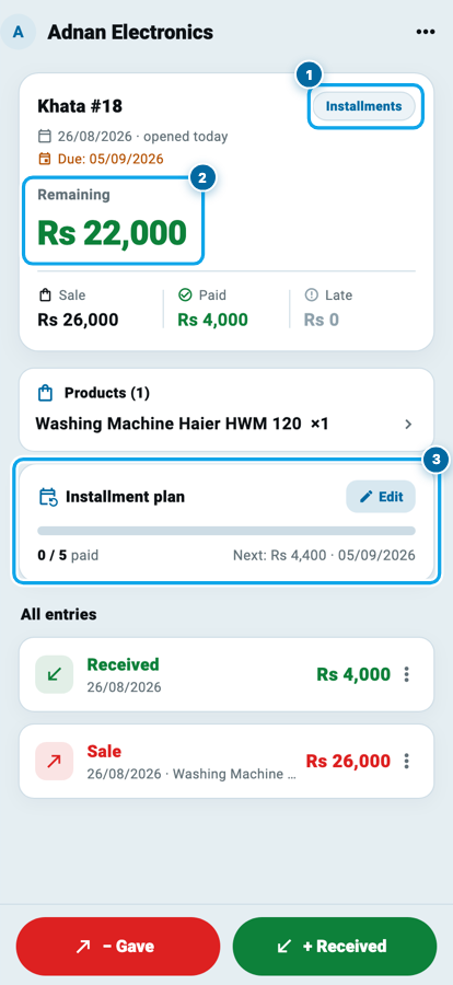 A saved installment khata in Wasoolo showing five payments and the next due date