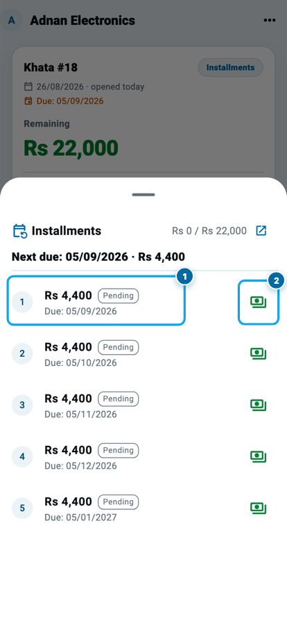 The full installment schedule in Wasoolo with a Pay button on every unpaid row