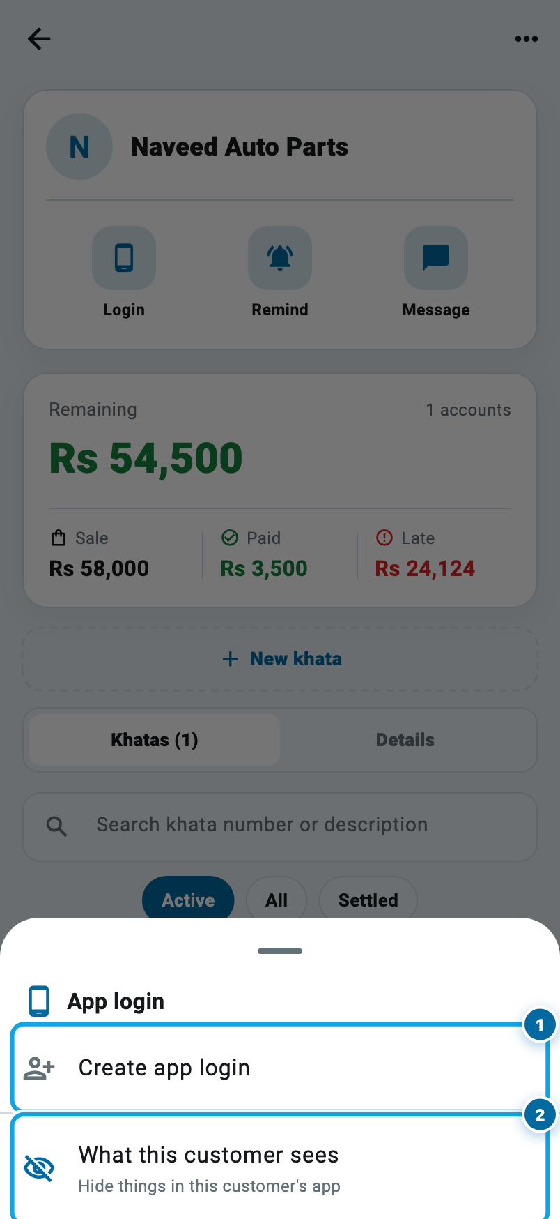 The App login sheet in Wasoolo showing Create app login and What this customer sees