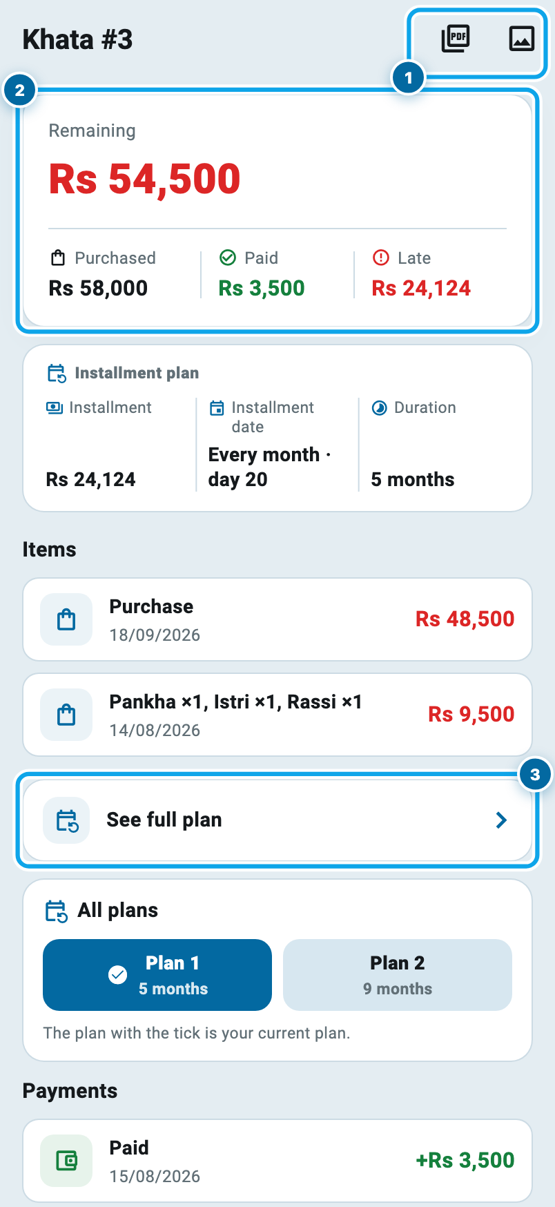 The customer's own khata screen in Wasoolo showing balance, installment plan, items and payments