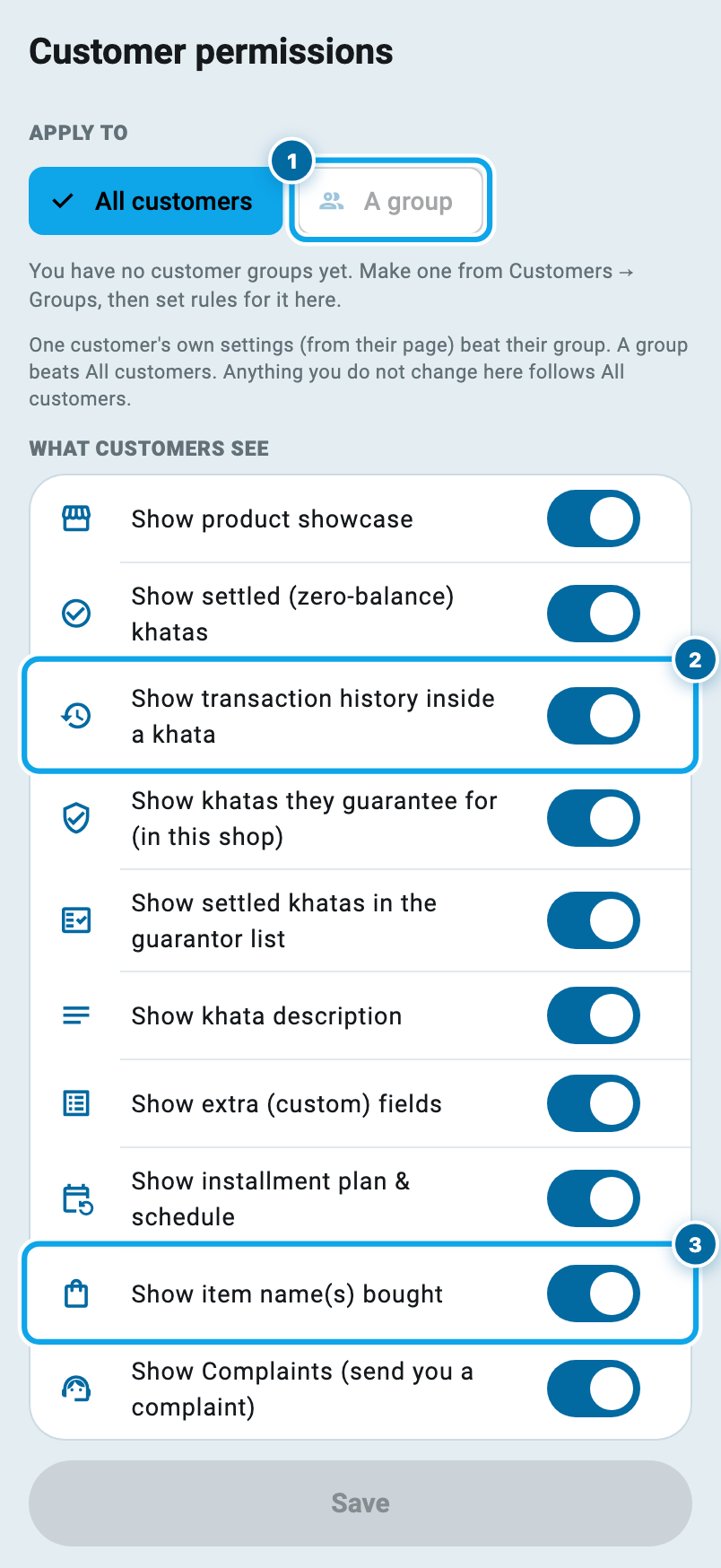 The Customer permissions page in Wasoolo showing the what customers see switches