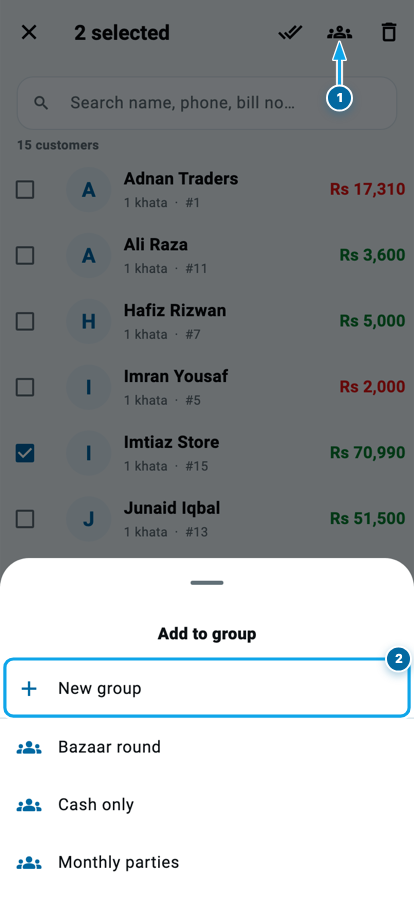 Two customers ticked in Wasoolo with the add-to-group sheet open showing New group