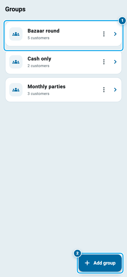 The Groups screen in Wasoolo showing three customer groups with their member counts
