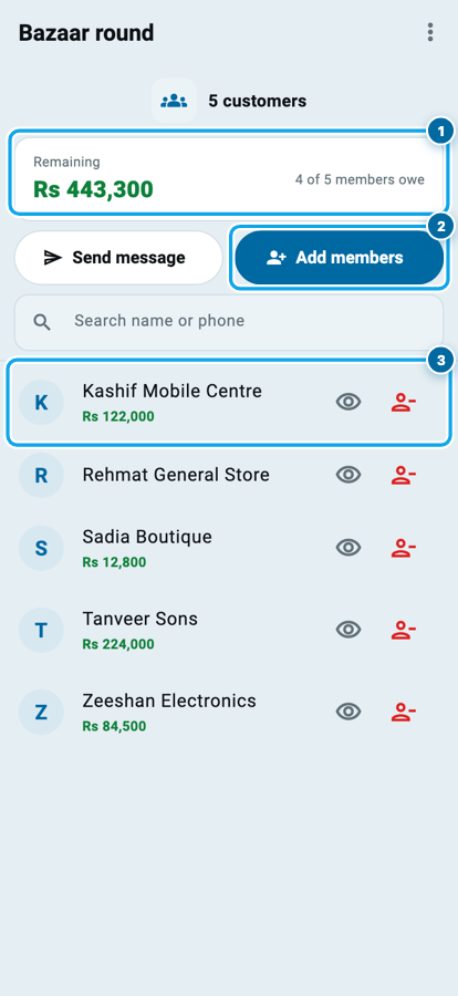 A customer group page in Wasoolo showing the total remaining and the members with their balances