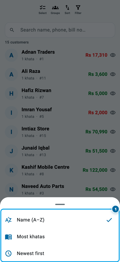 The sort sheet in Wasoolo offering name A to Z, most khatas and newest first
