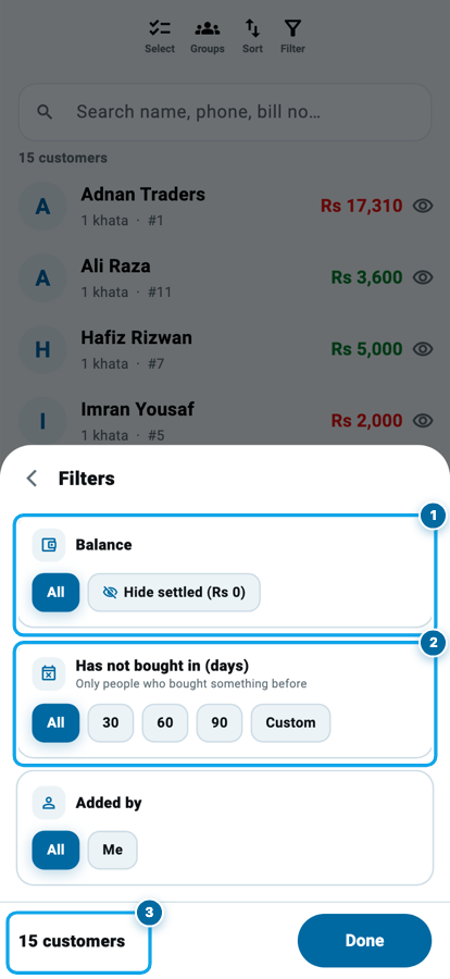 The customer filter screen in Wasoolo with balance, has-not-bought and added-by cards
