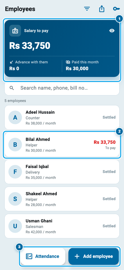 Wasoolo ka employees safha: salary to pay, advance with them, paid this month aur paanch mulazim ki lines