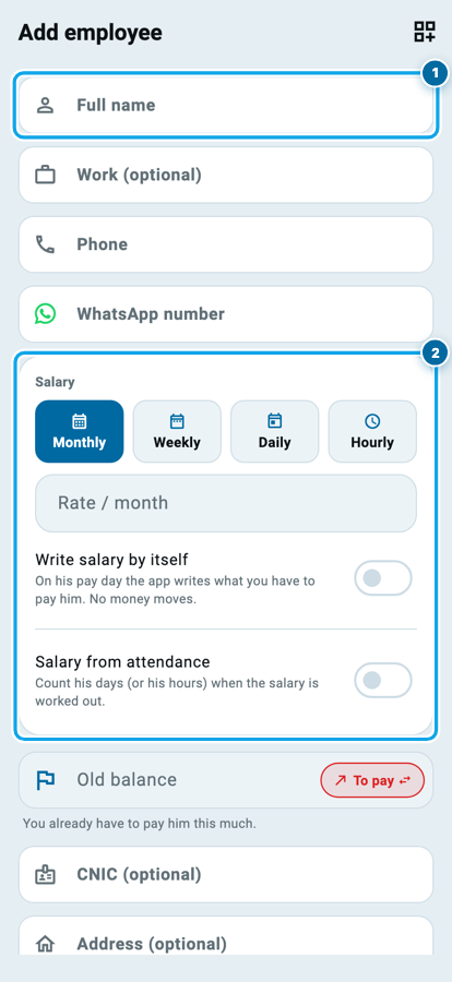 Wasoolo ka add employee form: full name, work, phone, WhatsApp number aur monthly, weekly, daily ya hourly ka intekhab