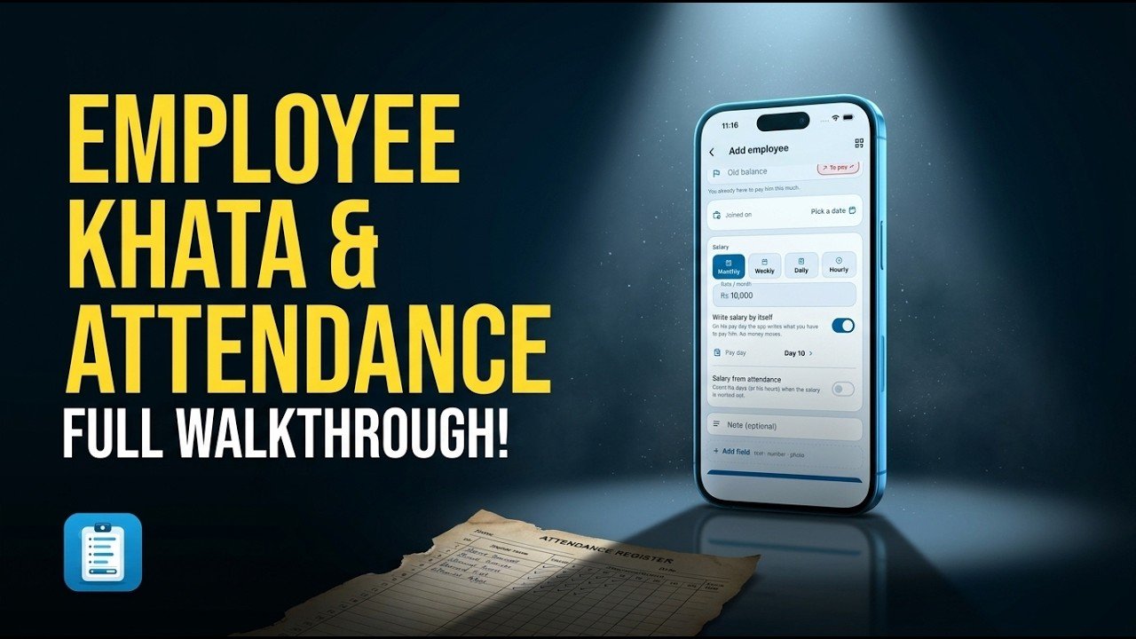 Class 19 mein mulazim add karein, us ki tankhwah ka tareeqa set karein, ek tap mein hazri lagayein, aur tankhwah, advance aur bonus ek khate mein rakhein.