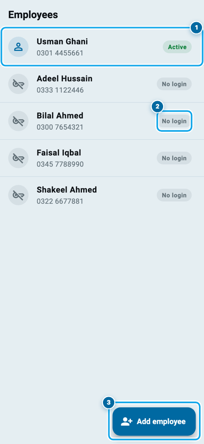 Wasoolo ka employees access safha: ek active login aur chaar aise mulazim jin par No login likha hai