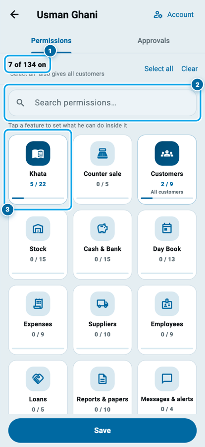 Wasoolo ka permissions tab: 7 of 134 on, search box aur feature cards