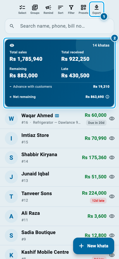 The Khatas board in Wasoolo with the export icon on the top bar and the totals card below the search box