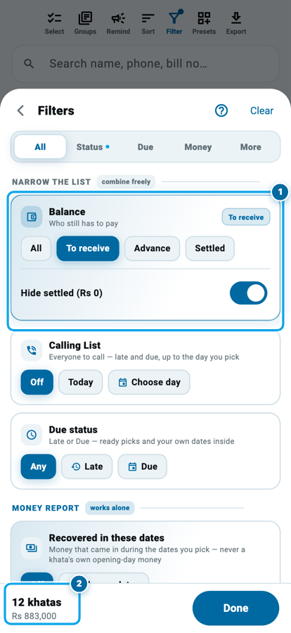 The filter screen in Wasoolo with To receive chosen under Balance and the count at the bottom