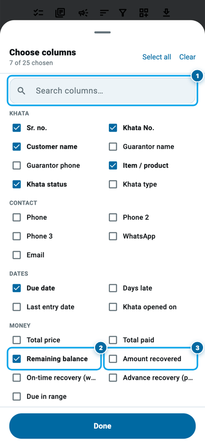 The column picker in Wasoolo with twenty-five columns grouped by khata, contact, dates and money