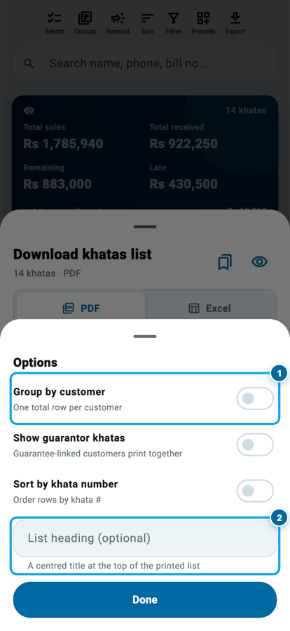 The export options sheet in Wasoolo with group by customer and the list heading field
