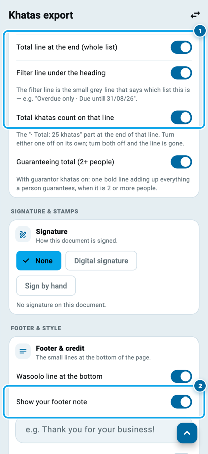 Khatas export print settings in Wasoolo with the total line, filter line and footer note switches