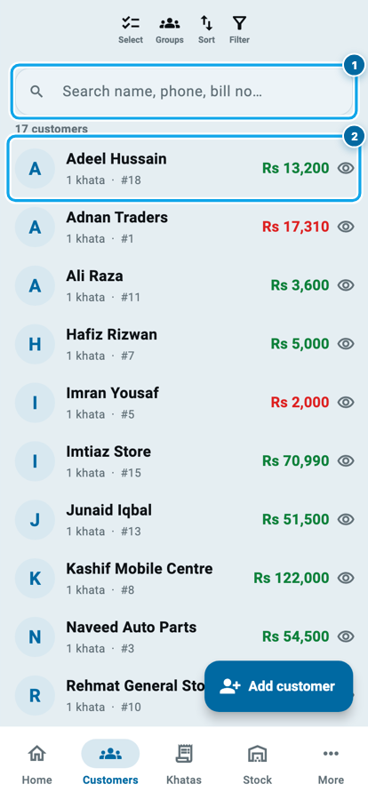 The Customers tab in Wasoolo with the search box above the list of customers