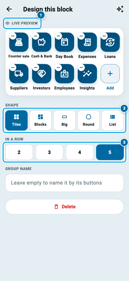 Wasoolo ka card design safha: live preview, paanch button shapes, aur ek row mein kitne