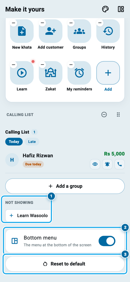 Wasoolo ke customize safhe ka neeche wala hissa: chhupaye hue blocks, bottom menu ka switch aur reset