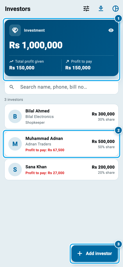 Wasoolo ka investors safha: kul investment, diya gaya nafa, dena baqi nafa aur teen investor
