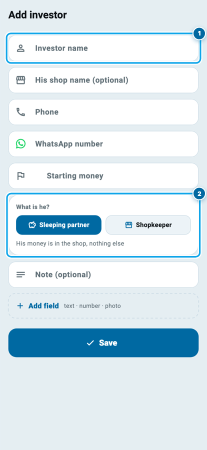 Wasoolo ka add investor form: naam, dukan ka naam, phone, starting money aur sleeping ya shopkeeper ka intikhab