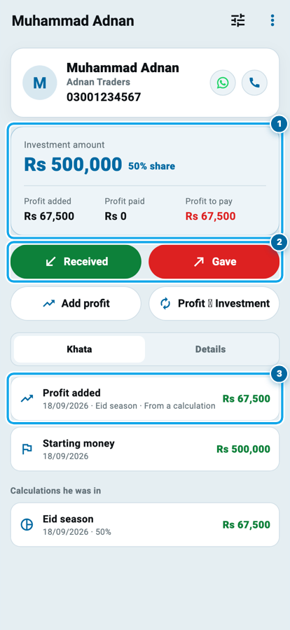 Wasoolo mein investor ka safha: us ki investment, percent, diya gaya nafa aur us ke khate ki lines