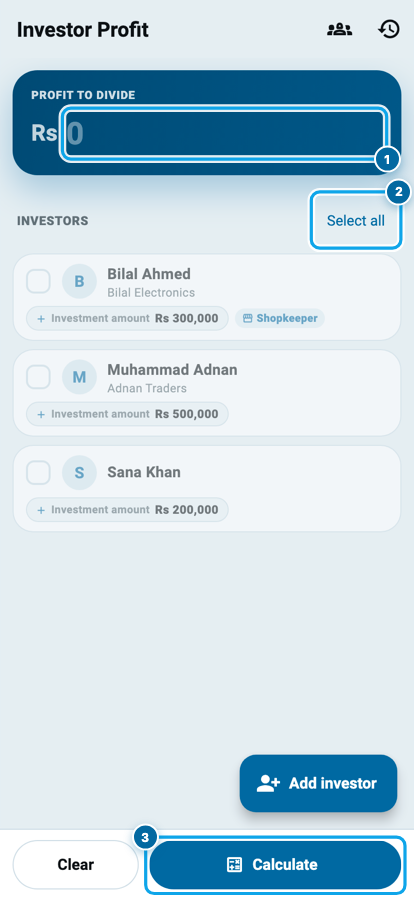 Wasoolo ka investor profit calculator: khali nafe ka box, teen investor aur Calculate button