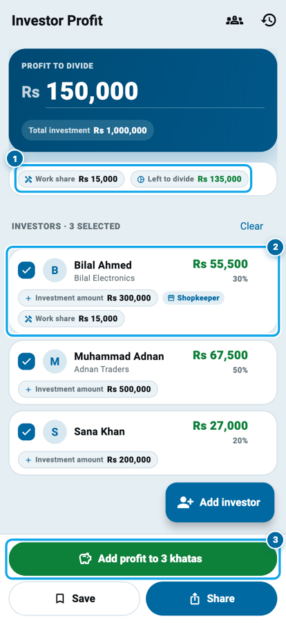 Wasoolo ka jawab: kaam ka hissa, bachi hui raqam, aur har investor ka hissa apne percent ke saath