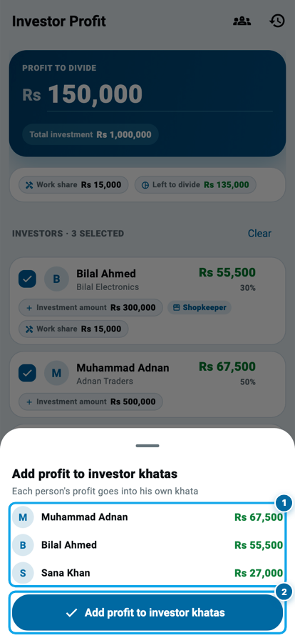 Wasoolo ki sheet: investor khaton mein nafa dalna, teen aadmi aur har ek ki raqam
