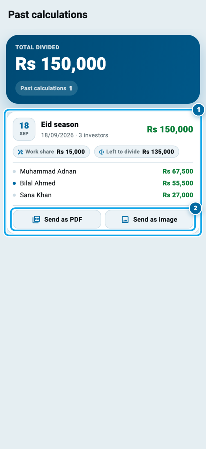Wasoolo ki past calculations: mehfooz kiya hua Eid season ka hisab aur bhejne ke button