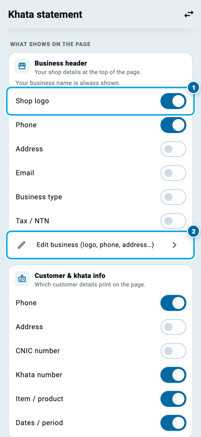 The business header settings in Wasoolo with switches for logo, phone and address