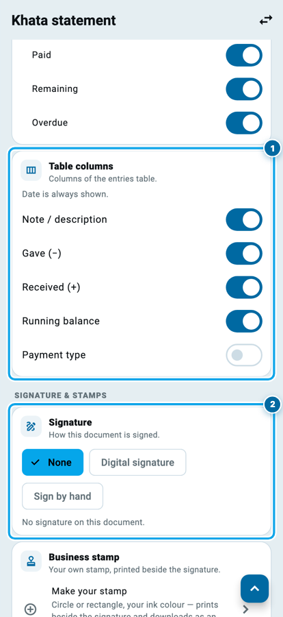 Table column switches and the signature setting for a Wasoolo document