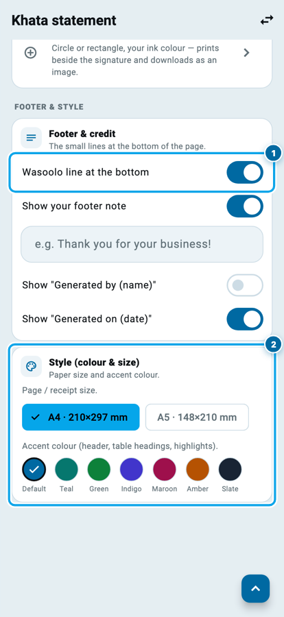 The footer and style settings of a Wasoolo document with paper size and accent colours