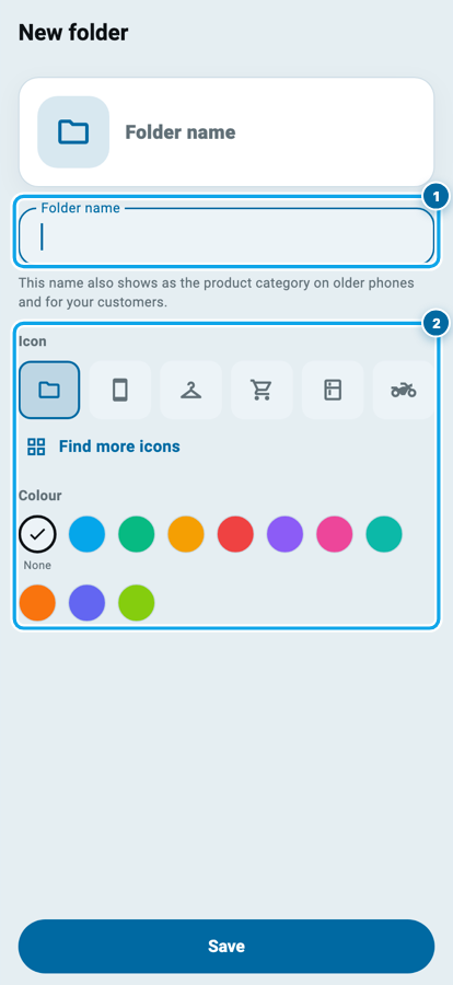 The new folder form in Wasoolo with the name field, icon choices and colour swatches